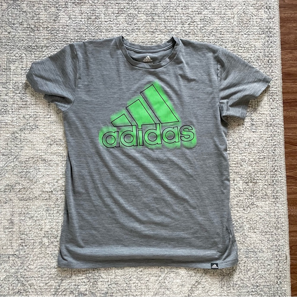 Adidas t shirt heathered grey gray with neon green brand name and logo